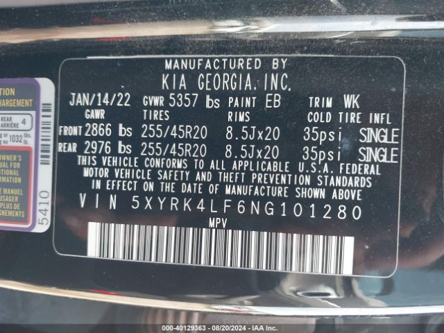 5XYRK4LF6NG101280 KIA Sorento Sx Prestige