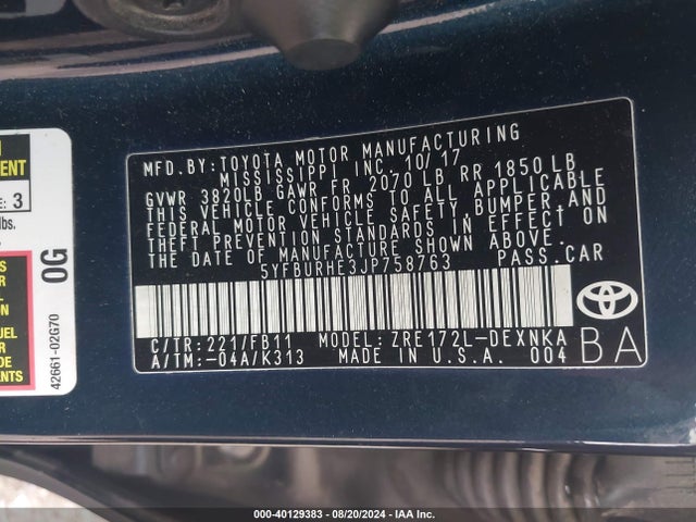 Toyota COROLLA LE 2018 5YFBURHE3JP758763 Image 9