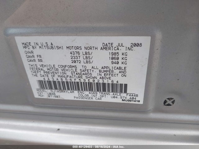 2009 MITSUBISHI GALANT 4A3AB56F59E023164 Photo 8
