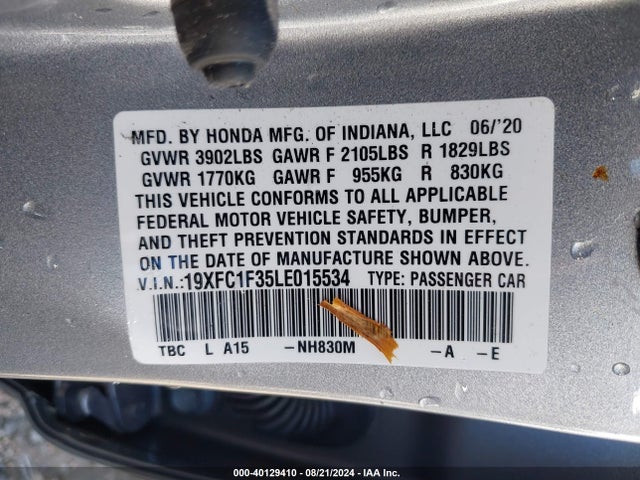 Honda CIVIC EX 2020 19XFC1F35LE015534 Image 9