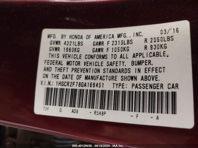 Honda ACCORD EX 2016 1HGCR2F78GA169451 Image 9