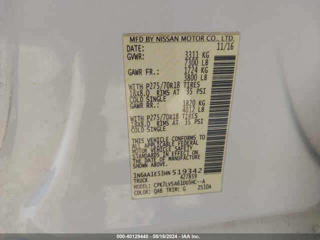 Nissan Titan Sl 2017 1N6AA1E53HN519342 Image 9