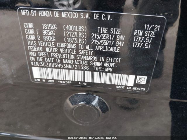 3CZRU5H53NM721386 Honda Hr-v 2wd Ex