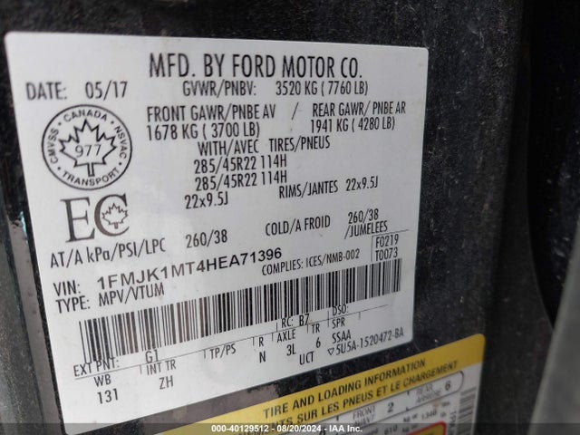 1FMJK1MT4HEA71396 Ford Expedition Max Platinum