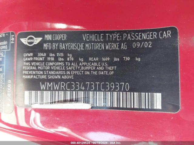 2003 MINI COOPER WMWRC33473TC39370 Photo 8
