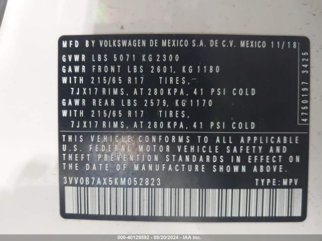 3VV0B7AX5KM052823 Volkswagen Tiguan 2.0t S