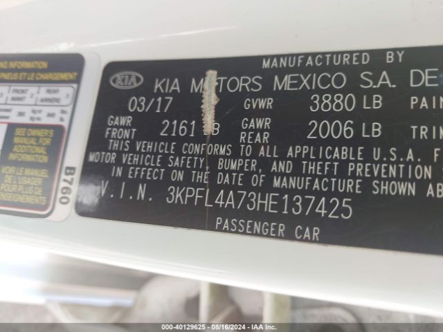 3KPFL4A73HE137425 KIA FORTE LX