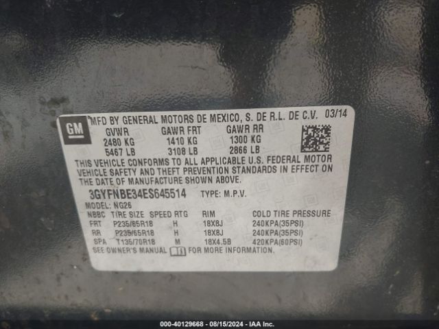 3GYFNBE34ES645514 Cadillac Srx Luxury Collection