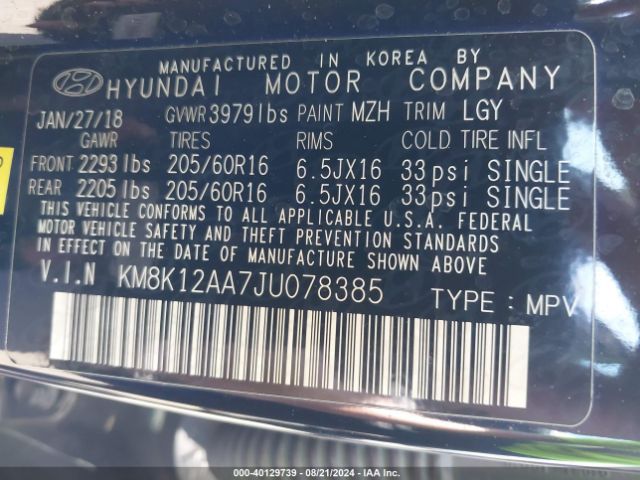 KM8K12AA7JU078385 Hyundai Kona Se