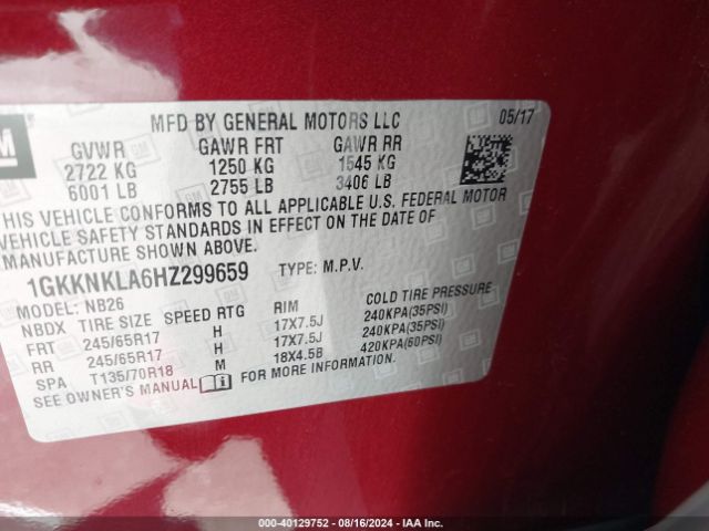 1GKKNKLA6HZ299659 GMC Acadia Sle-1