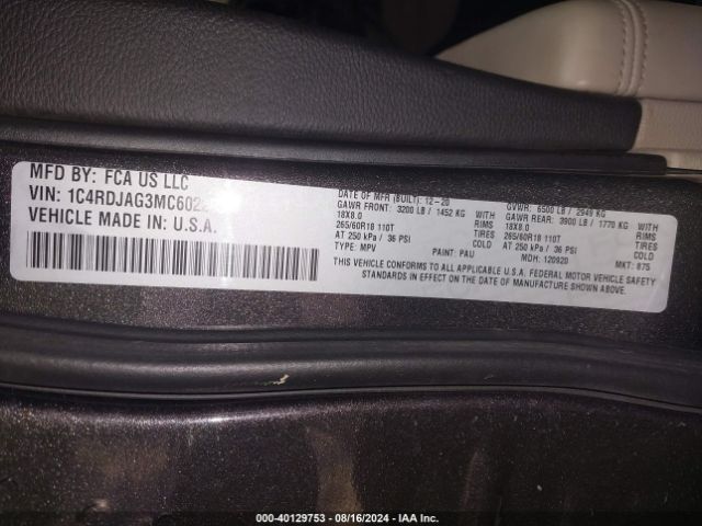 1C4RDJAG3MC602263 Dodge Durango Sxt Awd