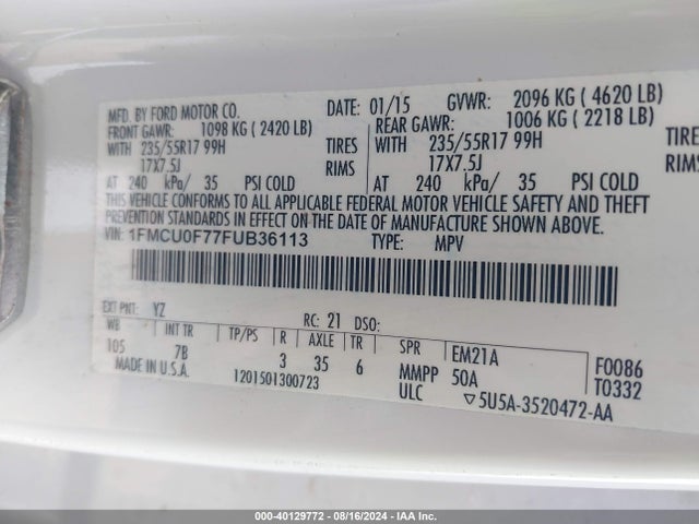 Ford ESCAPE S 2015 1FMCU0F77FUB36113 Image 9