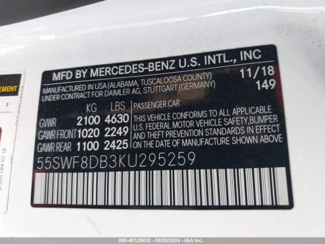 55SWF8DB3KU295259 Mercedes-Benz C 300