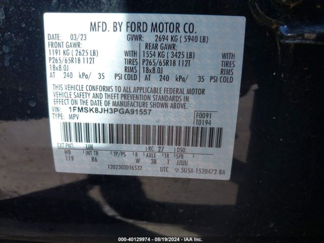 1FMSK8JH3PGA91557 Ford Explorer Timberline