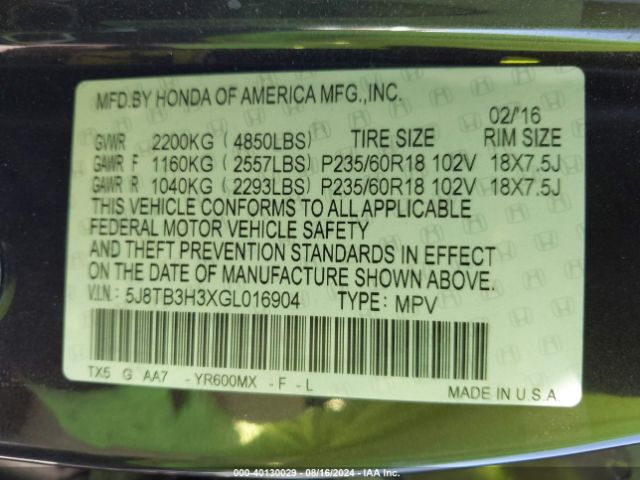 5J8TB3H3XGL016904 Acura Rdx Acurawatch Plus Pkg
