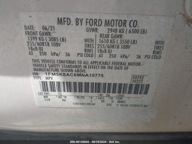 1FM5K8AC6MNA15775 Ford Police Interceptor Utility