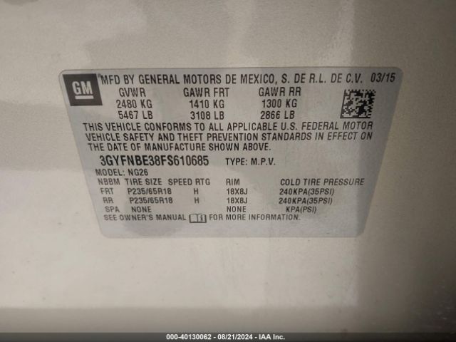 3GYFNBE38FS610685 Cadillac Srx Luxury Collection