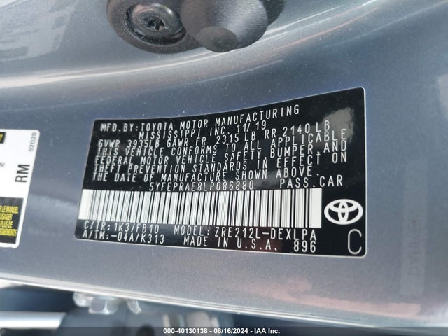 Toyota COROLLA LE 2020 5YFEPRAE8LP086880 Image 9