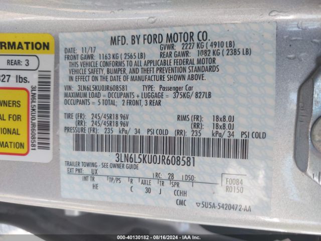 3LN6L5KU0JR608581 Lincoln Mkz Hybrid Premiere
