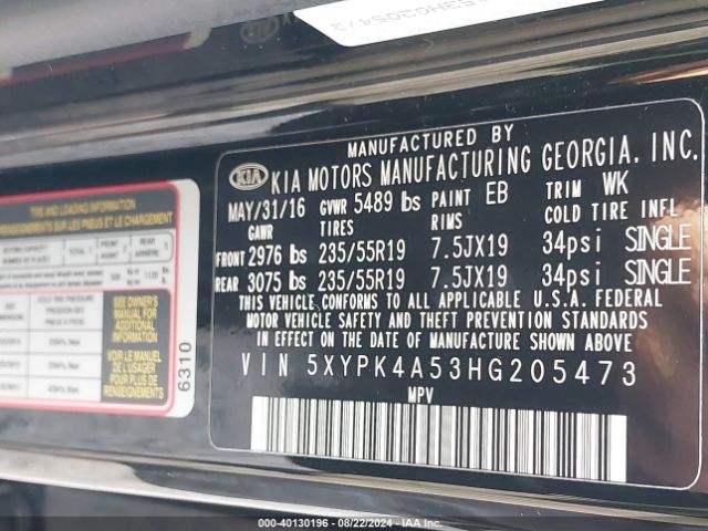 5XYPK4A53HG205473 KIA Sorento 3.3l Sxl