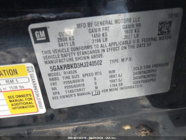5GAKRBKD3HJ240502 Buick Enclave Leather