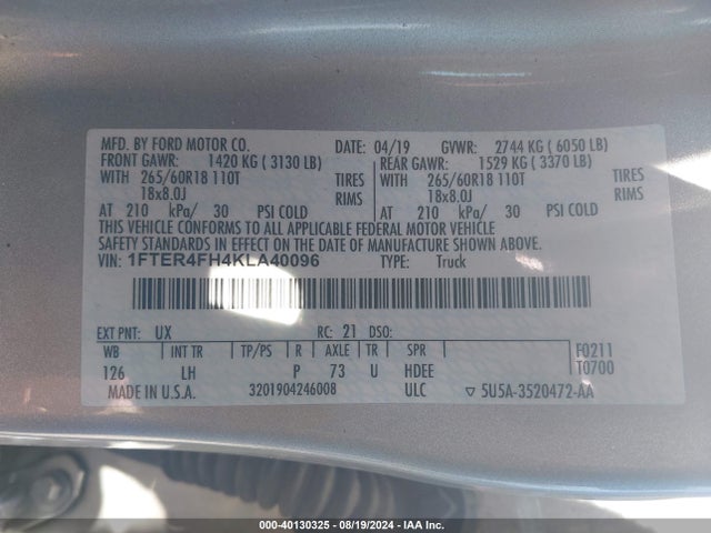 Ford Ranger Xlt 2019 1FTER4FH4KLA40096 Image 9