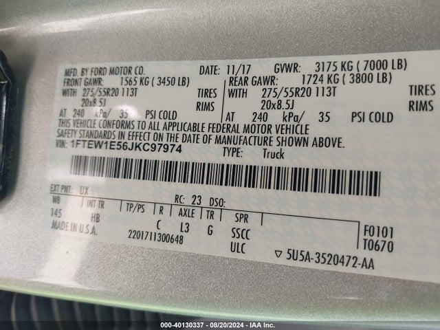 Ford F-150 Lariat 2018 1FTEW1E56JKC97974 Image 9