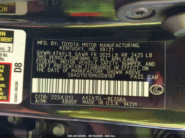 58AD11D10MU008187 Lexus ES 250