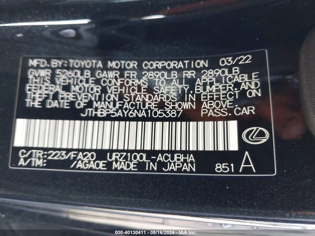 JTHBP5AY6NA105387 Lexus LC 500