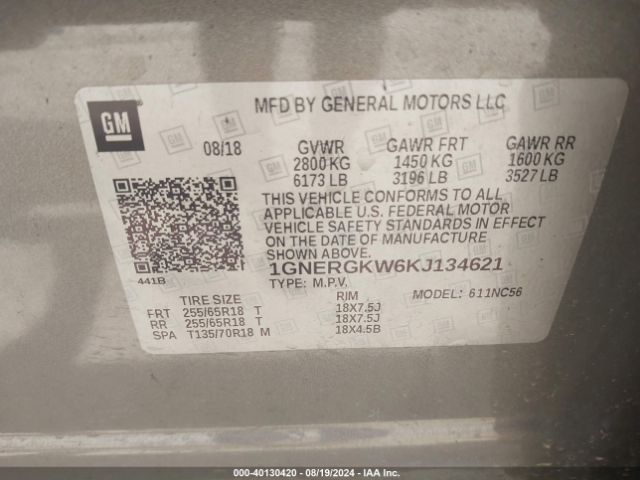 1GNERGKW6KJ134621 Chevrolet Traverse 1lt
