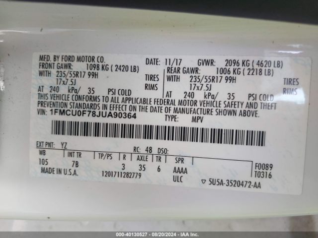 1FMCU0F78JUA90364 Ford ESCAPE S