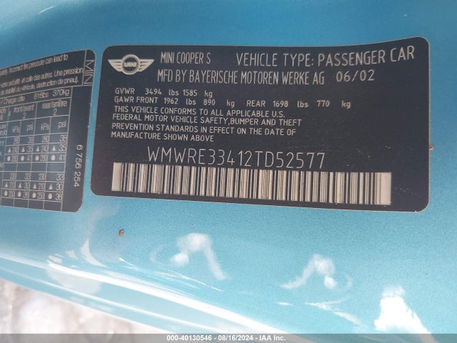 2002 MINI COOPER S WMWRE33412TD52577 Photo 8