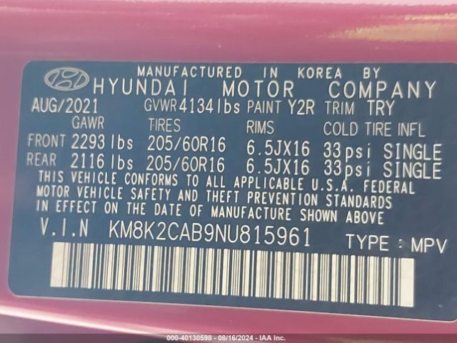 KM8K2CAB9NU815961 Hyundai Kona Se