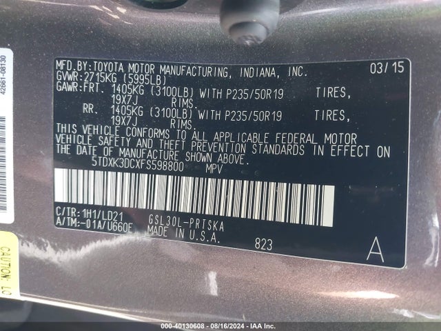 5TDXK3DCXFS598800 Toyota Sienna Se Premium 8 Passenger
