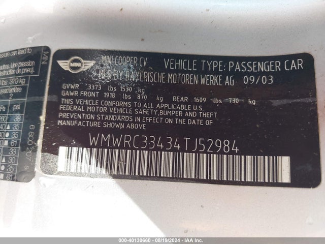2004 MINI COOPER WMWRC33434TJ52984 Photo 8