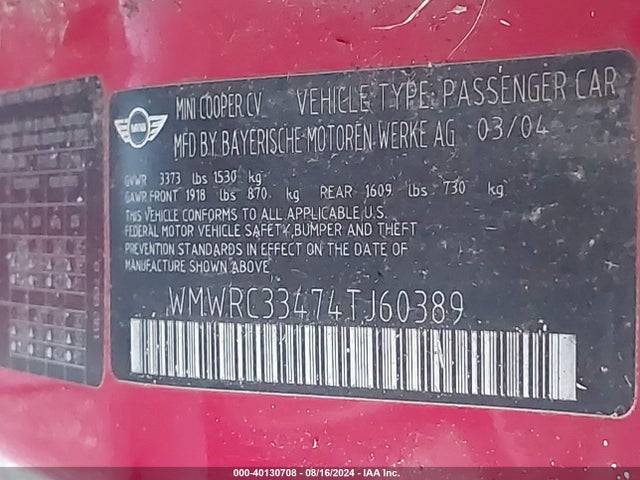 2004 MINI COOPER WMWRC33474TJ60389 Photo 8