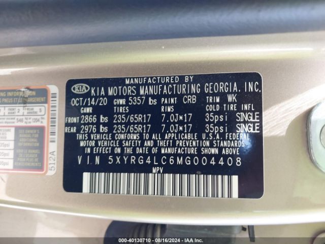 5XYRG4LC6MG004408 KIA SORENTO LX