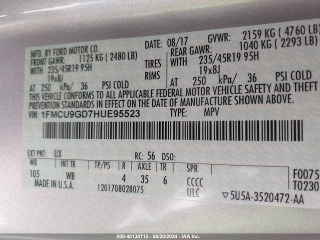 Aukcja sprzedaży 2017 Ford Escape Se, vin: 1FMCU9GD7HUE95523, numer aukcji: 40130712