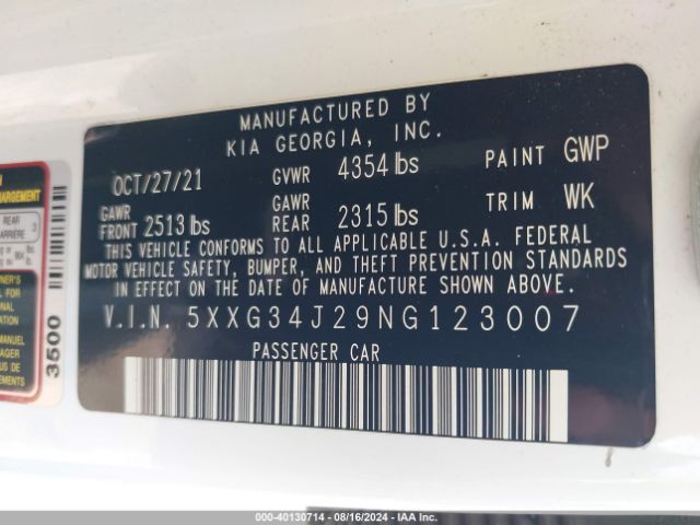 5XXG34J29NG123007 KIA K5 EX