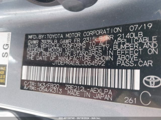 JTDEPRAE8LJ064592 Toyota COROLLA LE