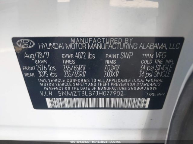 5NMZT3LB7JH077902 Hyundai Santa Fe Sport 2.4l