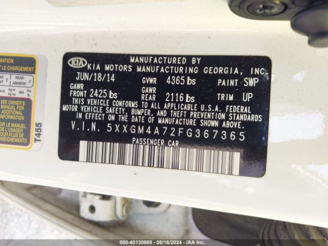 5XXGM4A72FG367365 KIA Optima Lx