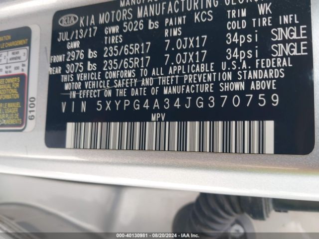 5XYPG4A34JG370759 KIA Sorento 2.4l L