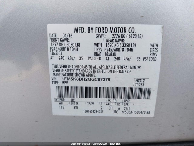 Ford EXPLORER XLT 2016 1FM5K8DH2GGC97378 Image 9