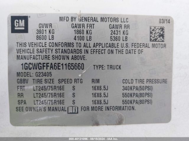 1GCWGFFA6E1165660 Chevrolet Express 2500 Work Van