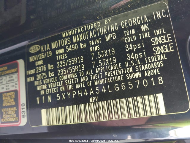 KIA Sorento 3.3l Ex 2020 5XYPH4A54LG657018 Image 9