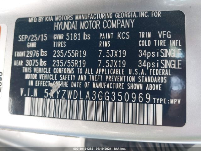 5XYZWDLA3GG350969 Hyundai Santa Fe Sport 2.0l Turbo