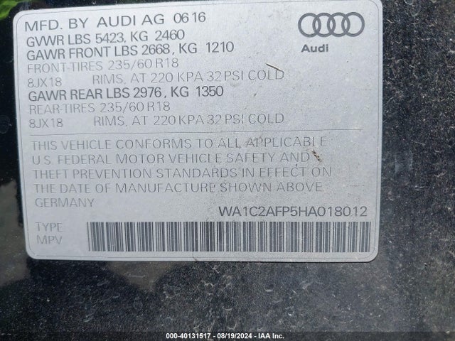 Audi Q5 2.0t Premium 2017 WA1C2AFP5HA018012 Image 9