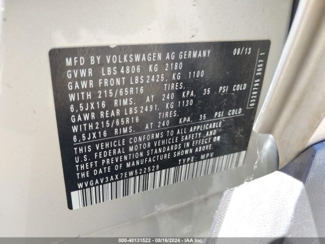 WVGAV3AX7EW522529 Volkswagen TIGUAN S