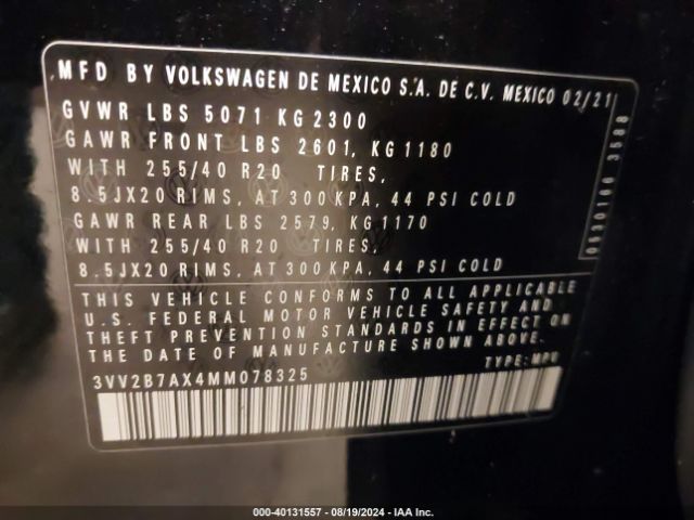 3VV2B7AX4MM078325 Volkswagen Tiguan 2.0t Se/2.0t Se R-line Black/2.0t Sel